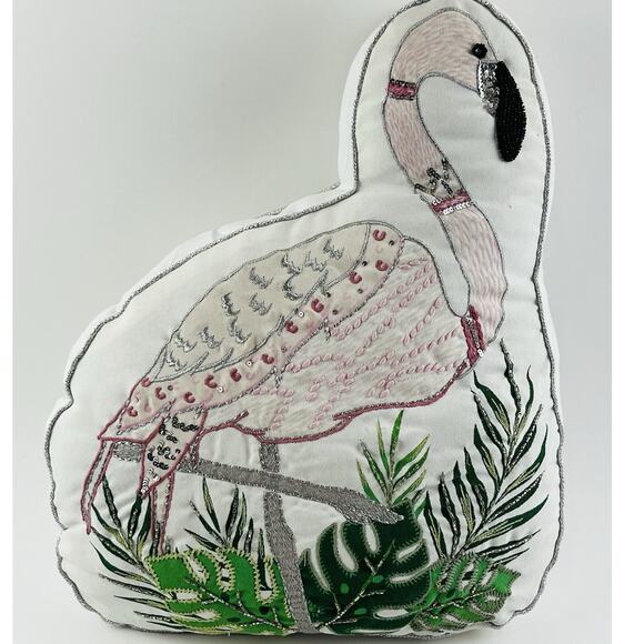 Accent Throw Pillow Beaded Flamingo Tropical Home Decor 19" Pink Monstera Leaf - Picture 1 of 15
